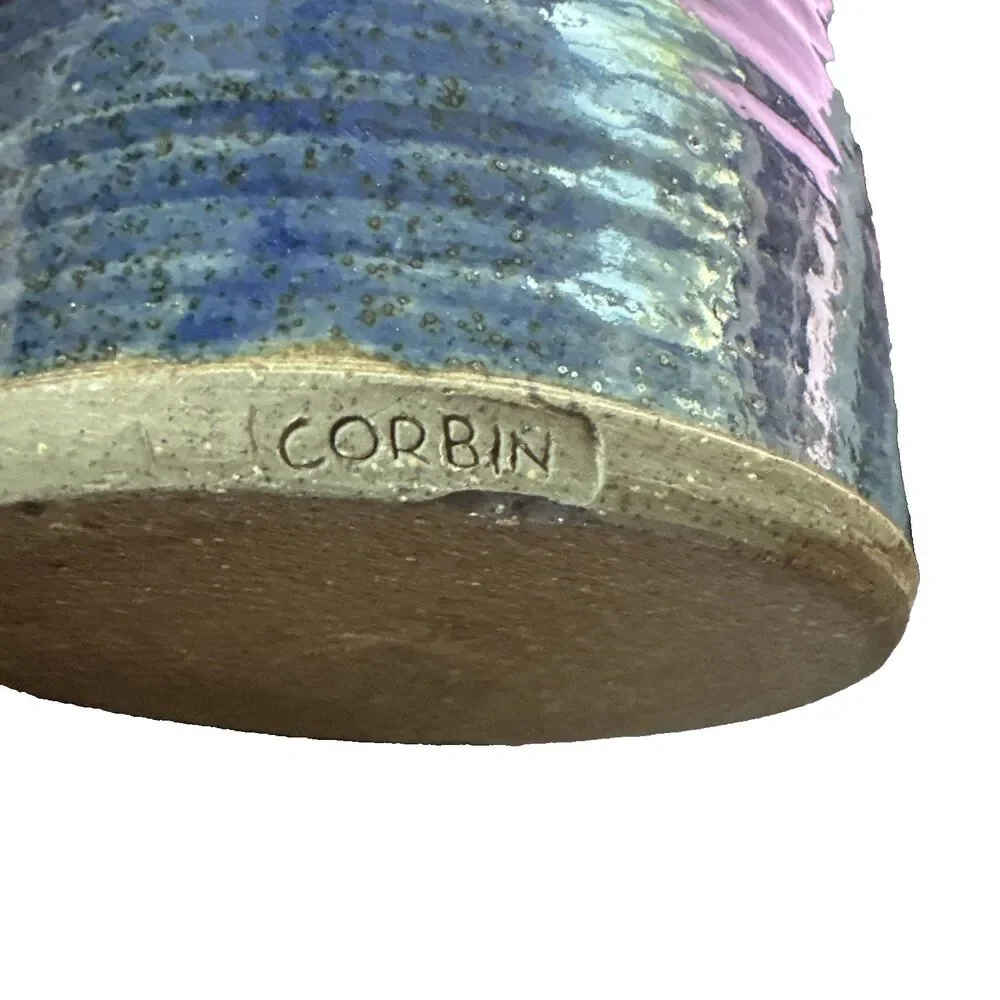 Paul Corbin Art Studio Pottery Stoneware Blue Gray Floral Cutout Utensil Holder